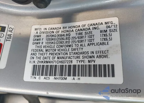 2012 Honda Cr-V Ex-L z USA, uszkodzony, nr VIN 2HKRM4H71CH607228